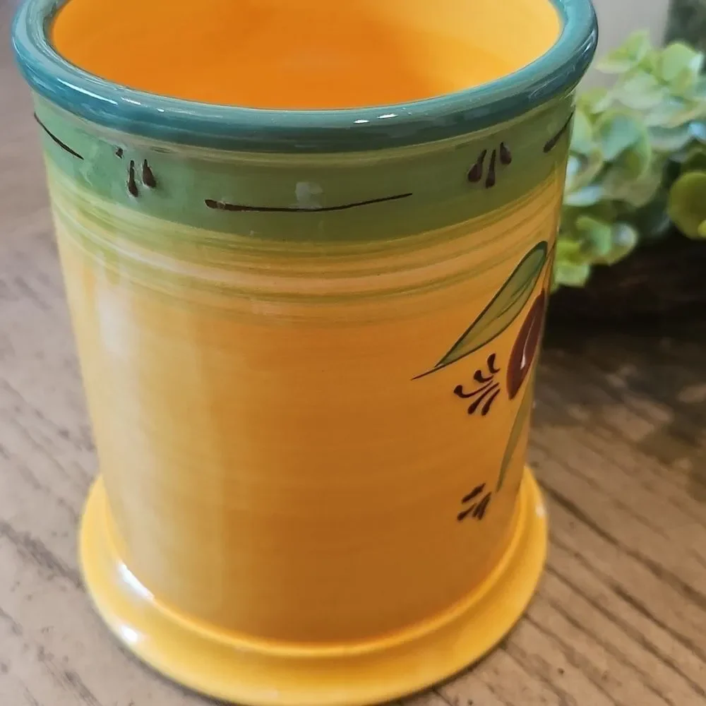 Hand-Painted Yellow Ceramic Utensil Holder with Olive Motif NWOT